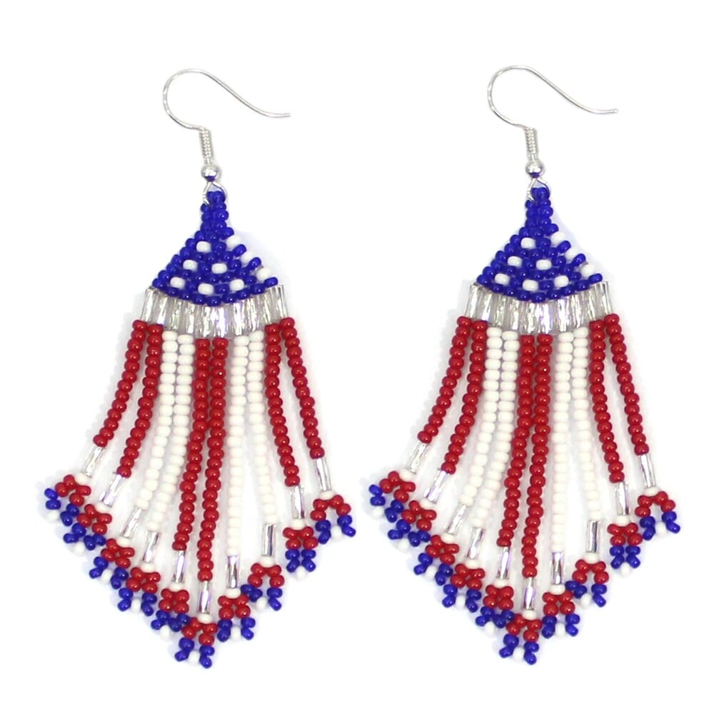 Handmade Beaded Patriotic Red Blue White Flag Color Earrings