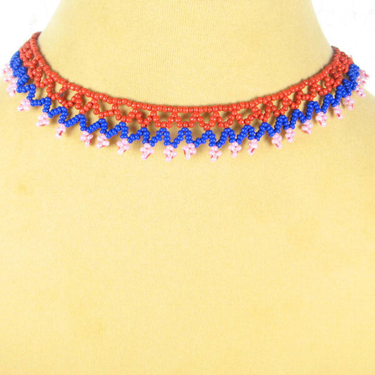 Red Blue Seed Beaded Collar Choker Necklace Handmade Jewelry
