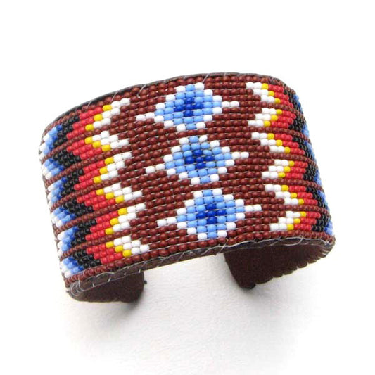 Handmade Seed Beaded Brown Hard Cuff Leather Bracelet with Vibrant Blue Fire Pattern