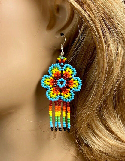NATIVE STYLE HANDMADE ETHNIC FLOWER TURQUOISE BEADED CHANDELIER EARRINGS E61/8