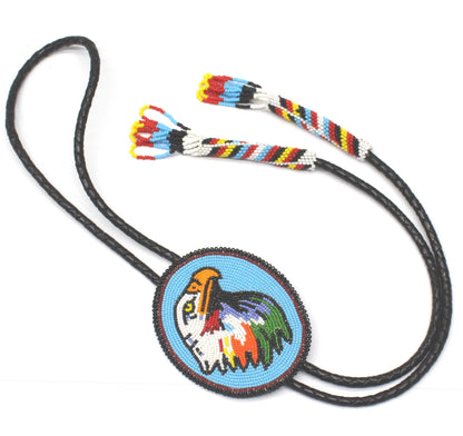 Handmade beaded Cyan Blue Eagle Black Leather Bolo Tie