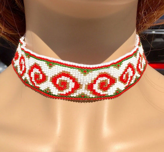 Handmade Native Inspired White Red Choker Necklace Earrings Set