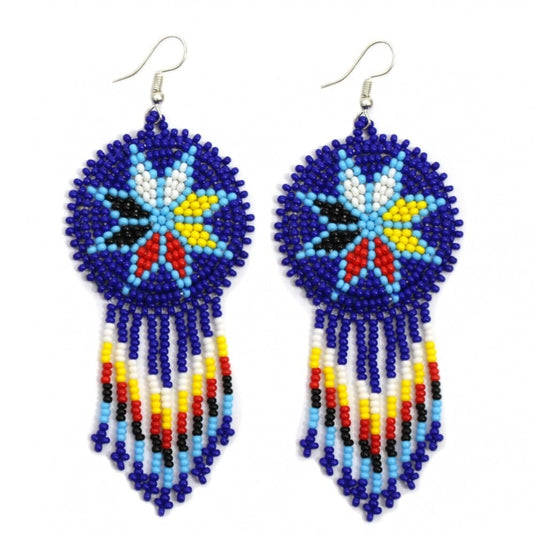 Handmade Beaded Blue 4 Directions Flower Round Fringe Hook Earrings