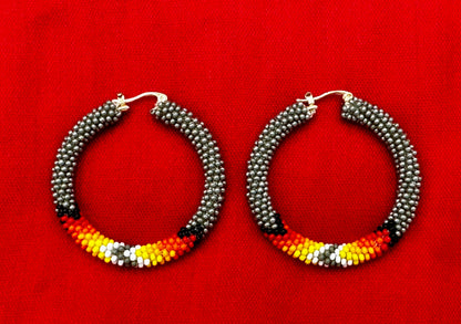 Handmade beaded Grey 2 inch Native style Hoop earrings