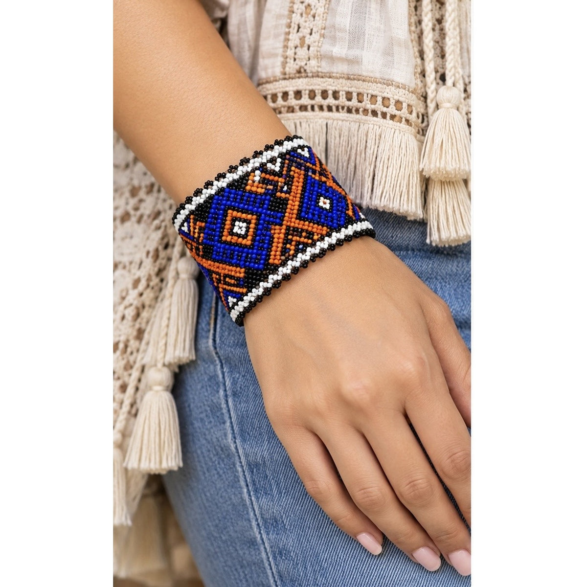 Handmade Geometric Beaded Cuff- Blue Orange