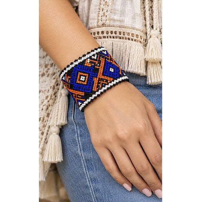 Handmade Geometric Beaded Cuff- Blue Orange