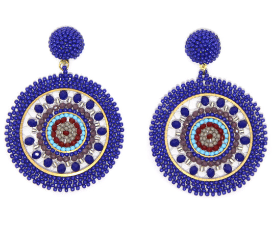 Handmade Beaded Bright Neon Colorful Post Round Earrings for Women Girl All Season - Deep Blue