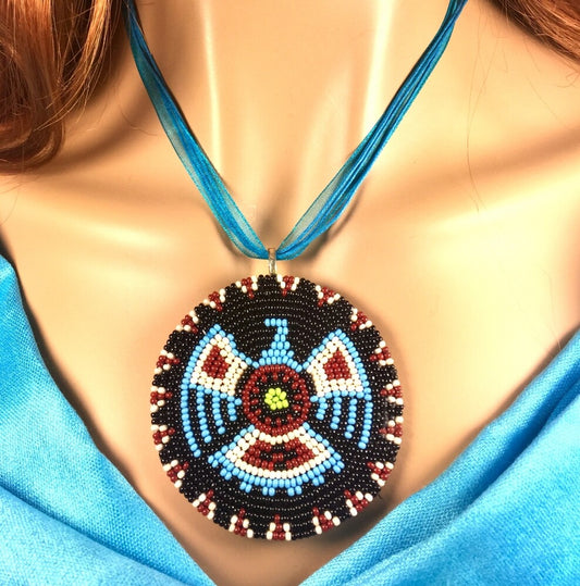 Turquoise &amp; Black Beaded Eagle Necklace