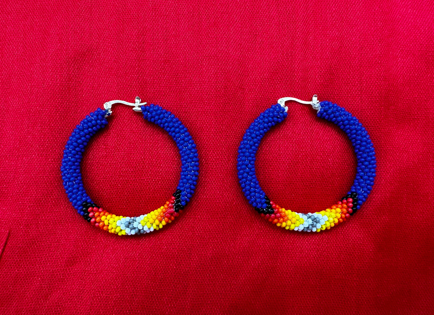 Handmade beaded 2 inch Deep Blue Native style hoop earrings