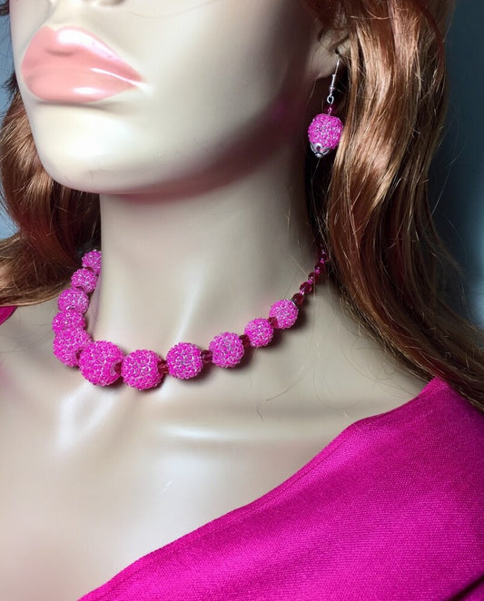 Handmade Beaded Fuchsia Statement Necklace Earrings Set