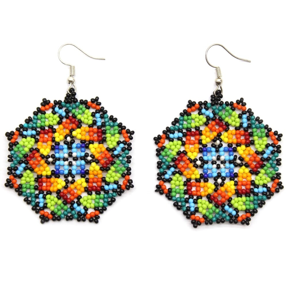 Handmade Beaded Green Multi-Color Octagon Bohemian Hook Earrings