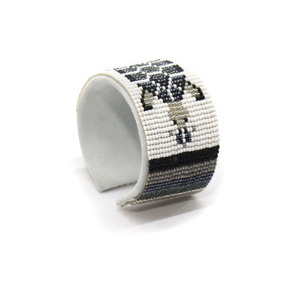 NATIVE STYLE HANDMADE GRAY WHITE TURTLE BEADED CUFF LEATHER BRACELET
