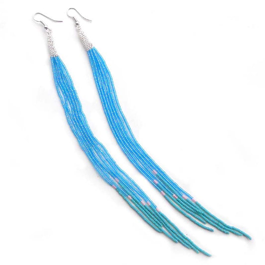 Iris Blue Glass Seed Beads Beaded Extra Long Earrings 7.5 Inch