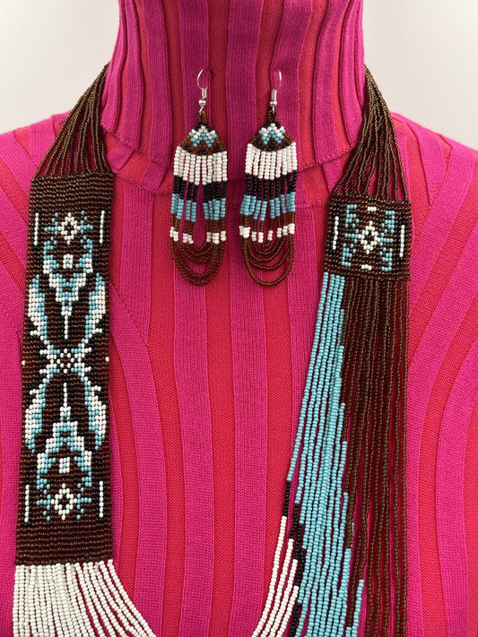 Brown and Cyan Boho Beaded Necklace &amp; Earrings Set