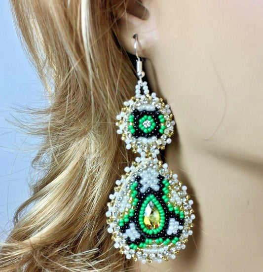 Handmade Beaded Teardrop Czech Earrings - 3.5 Inches Long, Green White