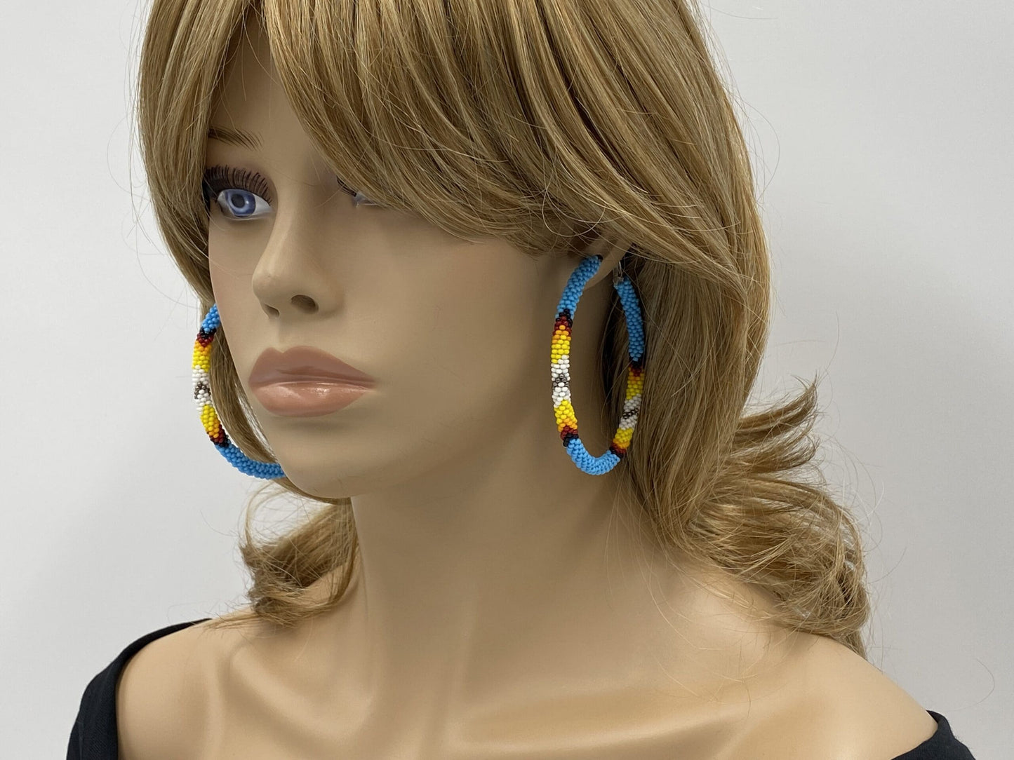 Handmade Native Style 3 Inch Hoop Earrings with Czech Seed Beads - Cyan Blue