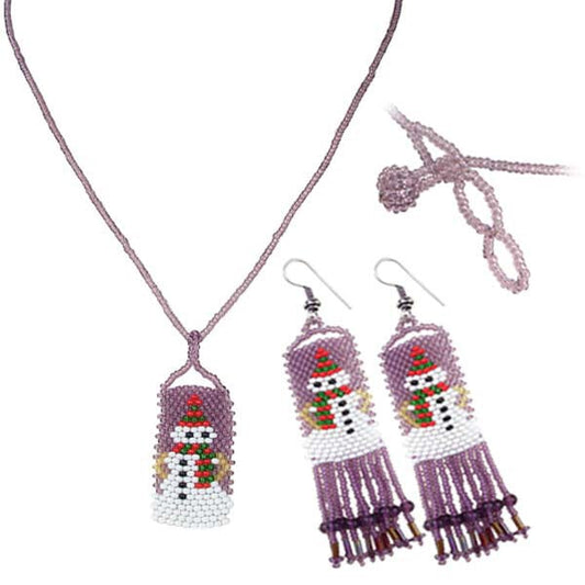 Handmade Beaded Christmas Snowman Long Necklace Earrings Set