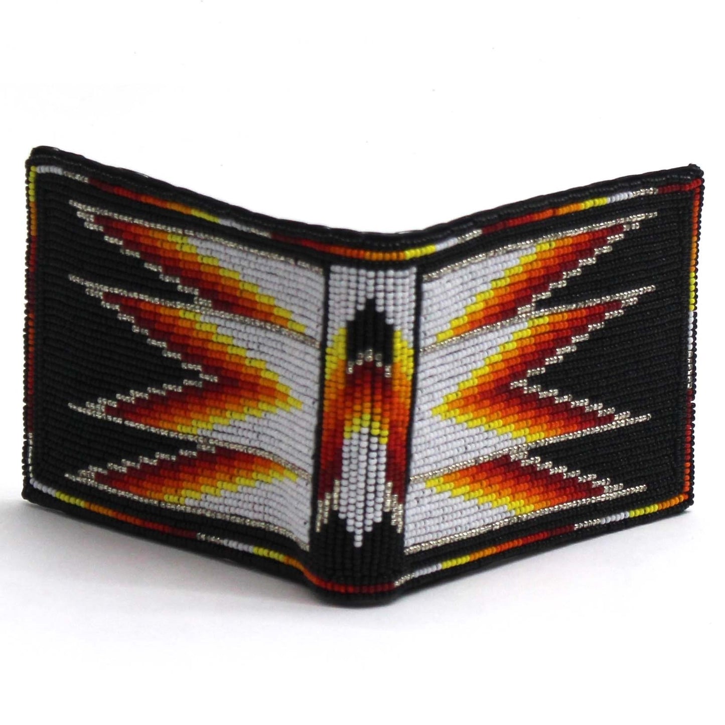 Handmade beaded Native American style genuine leather Men's bifold Wallet/purse - Black Silver Fire