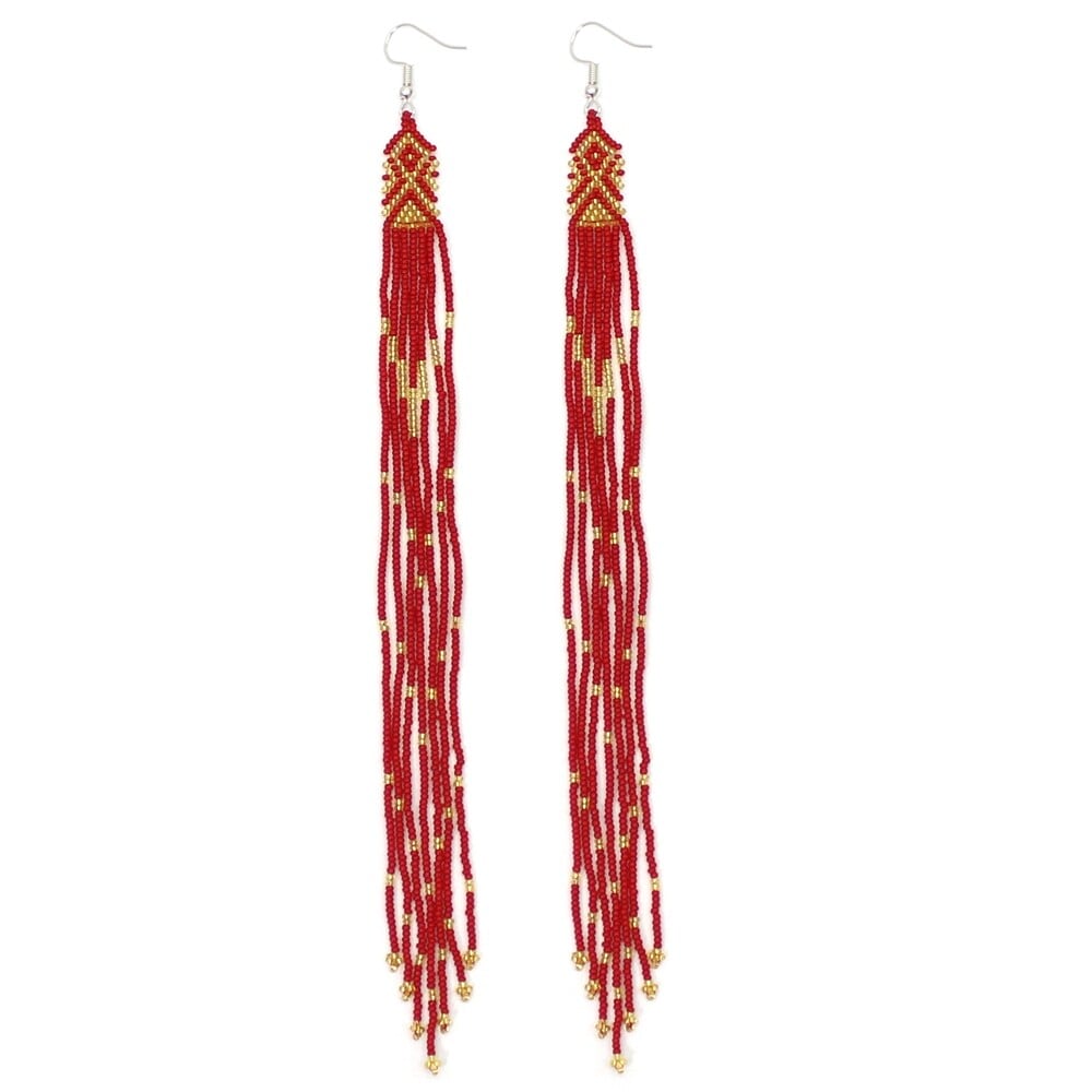 Red Gold Glass Handmade Seed Beaded Extra Long Earrings 8 Inches