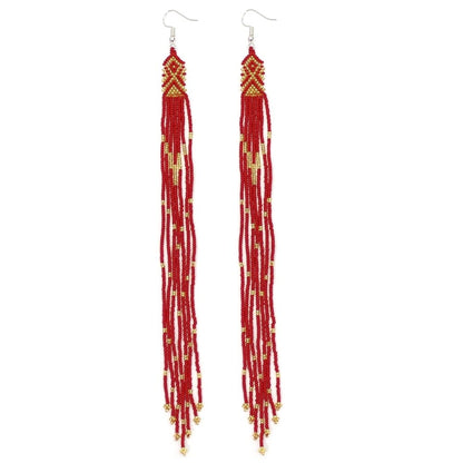 Red Gold Glass Handmade Seed Beaded Extra Long Earrings 8 Inches
