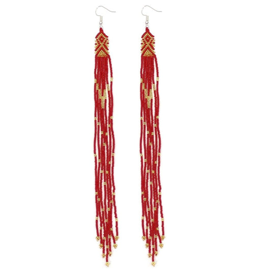 Red Gold Glass Handmade Seed Beaded Extra Long Earrings 8 Inches