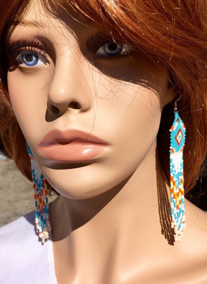 Handmade Beaded Blue White Long Chandelier Earrings