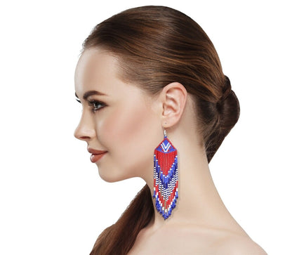 Handmade Beaded Patriotic Red White Blue Color Hook Earrings