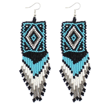 Handmade Beaded Blue Black Seed Bead Medicine Mens Big Earrings