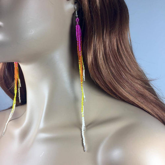 Handcrafted Beaded Pink Orange Yellow Extra Long Earrings