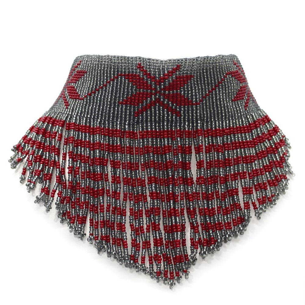 Elegant Grey and Red Beaded Choker Necklace