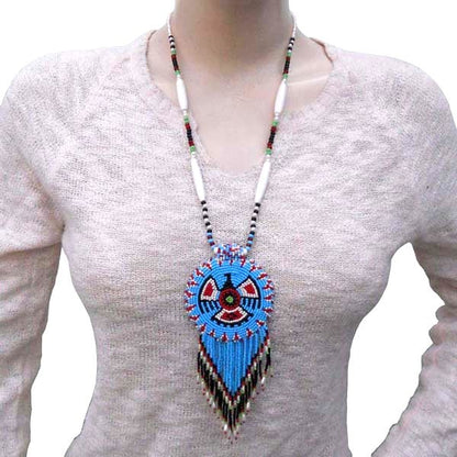 Turquoise Seed Beads Long Medallion Eagle Beaded Necklace Earrings Set