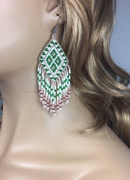 Handmade Green White Seed Beaded Geometric Pattern Fashion Earrings