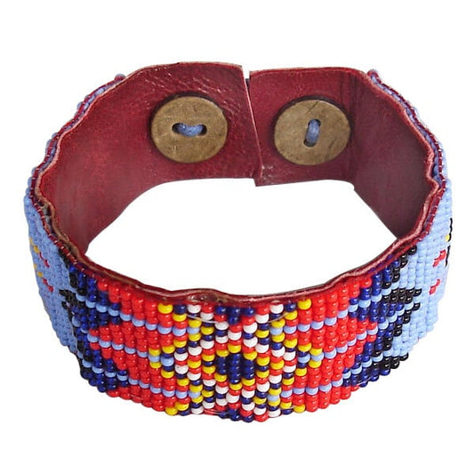 Handmade Blue and Red Seed Beaded Leather Soft Cuff Adjustable Bracelet - Boho-Chic Style Statement