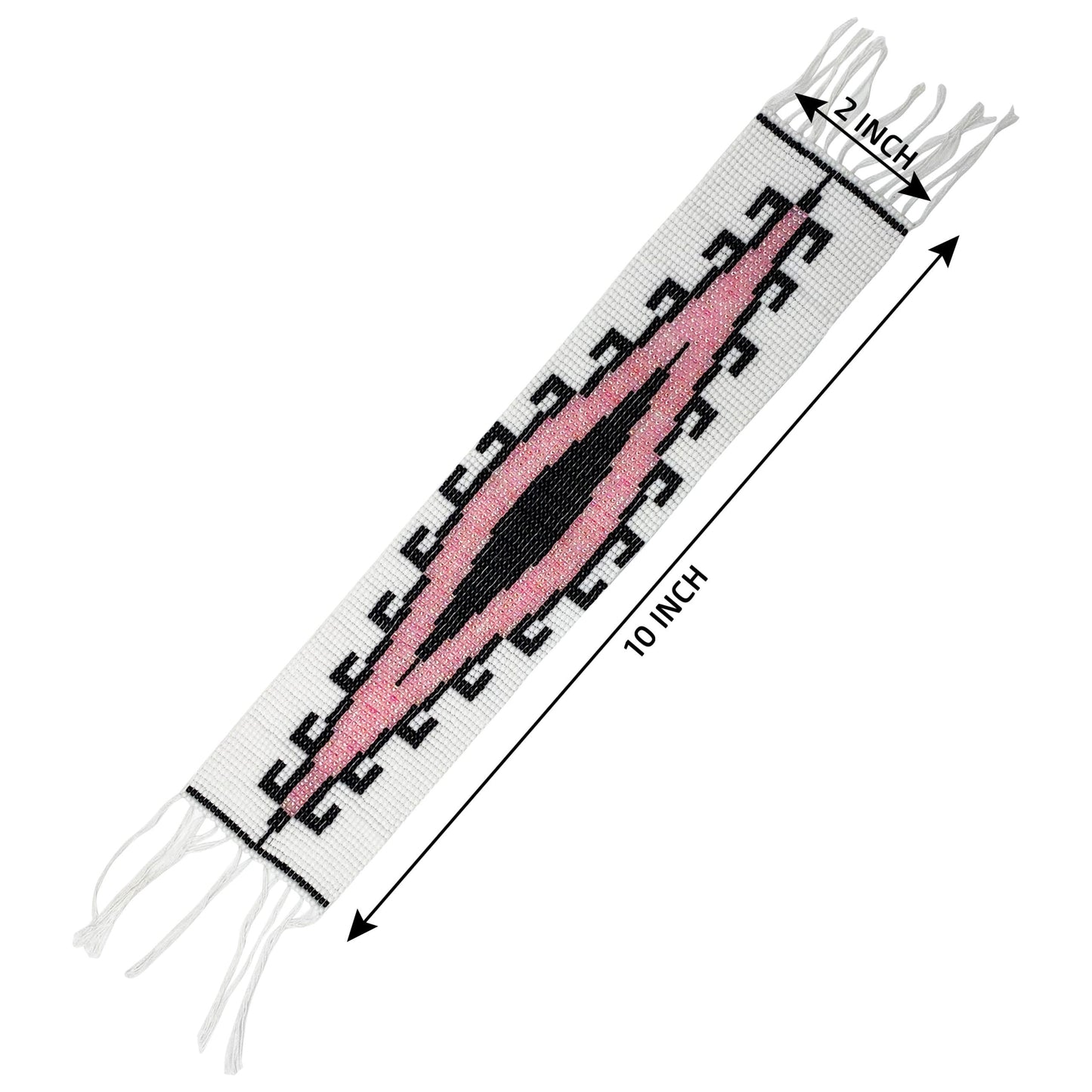 10X2" White Pink Black Handmade Art Craft Applique Seed Beaded Strip
