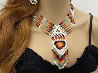 Handmade Beaded Red Bear Paw Statement Necklace Earrings Set