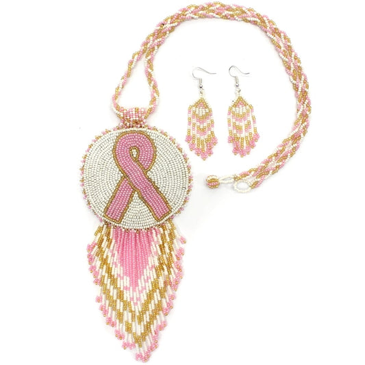Pink Ribbon Handmade Breast Cancer Awareness Beaded Necklace Earrings Set