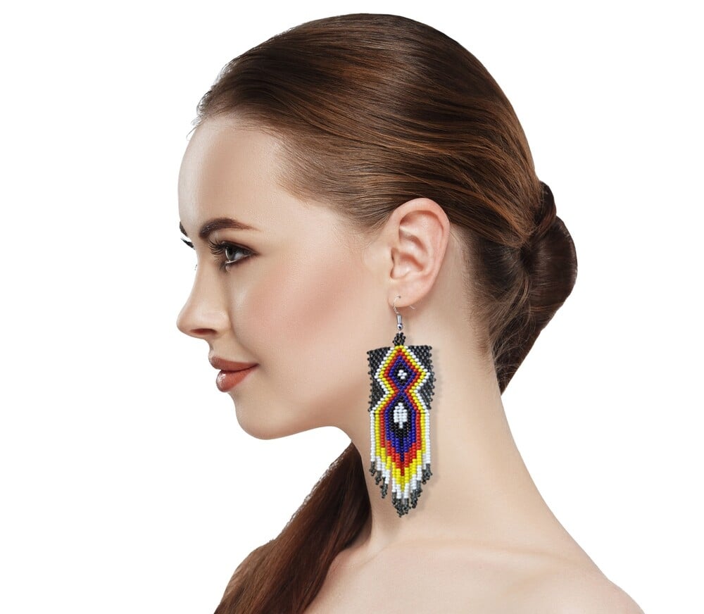 Handmade Beaded Grey Blue Seed Bead Big Earrings