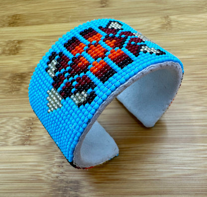 Handmade beaded Cyan Blue Red Turtle leather hard cuff bracelet
