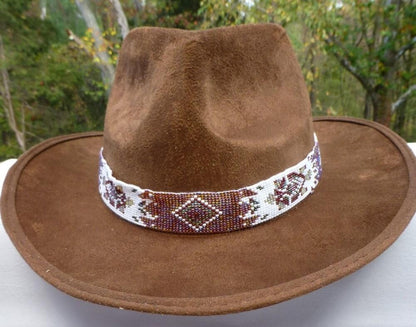 Brown White Seed Beaded Cowboy Turtle Unisex Handmade Hatband