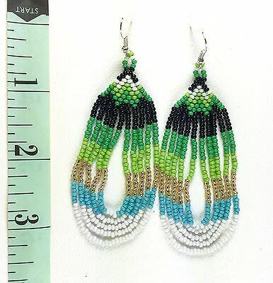Native Inspired Style Handcrafted New Green White Gold Beaded Hook Earrings