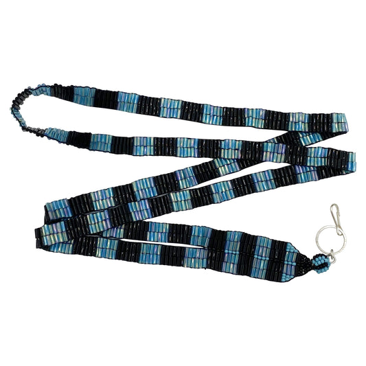 Black Shine Blue Bugle Beads Beaded Lanyard Id Holder Handmade
