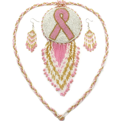 Pink Ribbon Handmade Breast Cancer Awareness Beaded Necklace Earrings Set