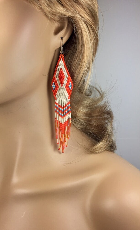 Handmade Beaded Orange/Peach Seed Bead Earrings with Fringes - Czech Beads