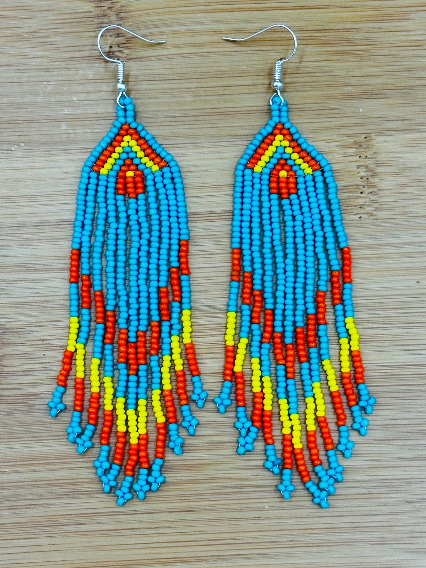 Handmade beaded Cyan Blue Orange boho earrings