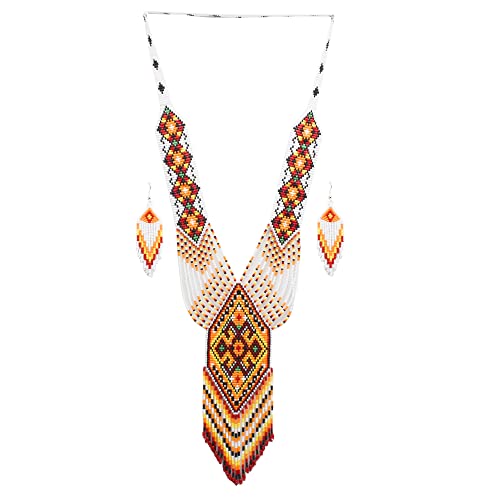 Native Tribal Style Long Statement Beaded Necklace for Women Y Shape - Orange Yellow Southwest