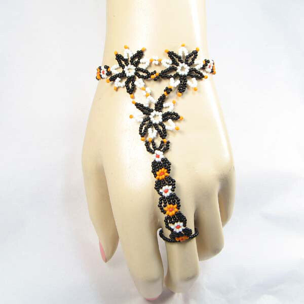 Black Seed Bead Beaded Finger Bracelet Flower Beadwork