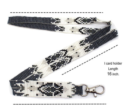 Handmade Beaded Turtle Design Grey White Lanyard - ID Holder, Eyeglass Holder, Key Holder