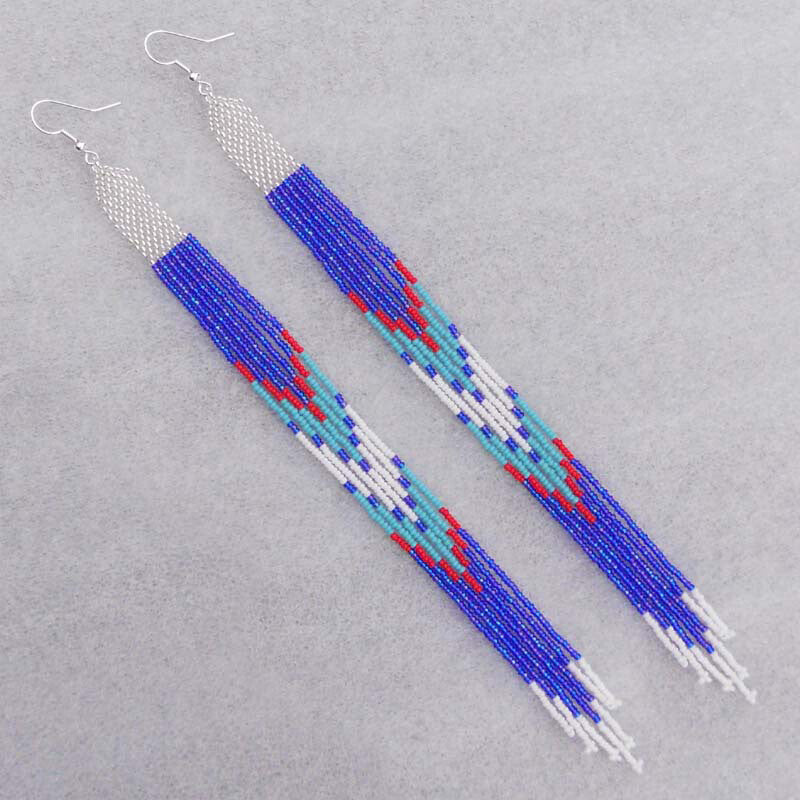 Handmade Blue Silver Glass Seed Beads Beaded Extra Long Earrings
