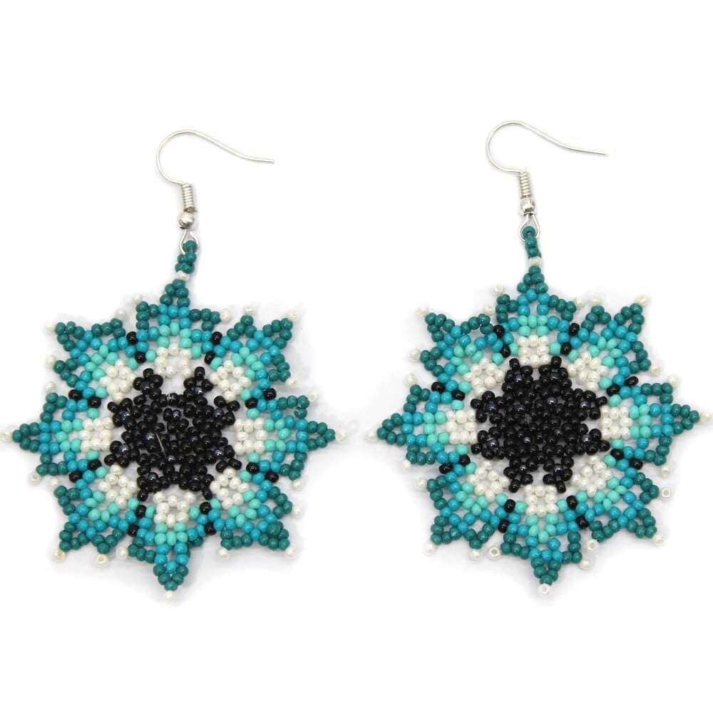 Handmade Beaded Native Style Blue Pink Bohemian Flower Hook Earrings