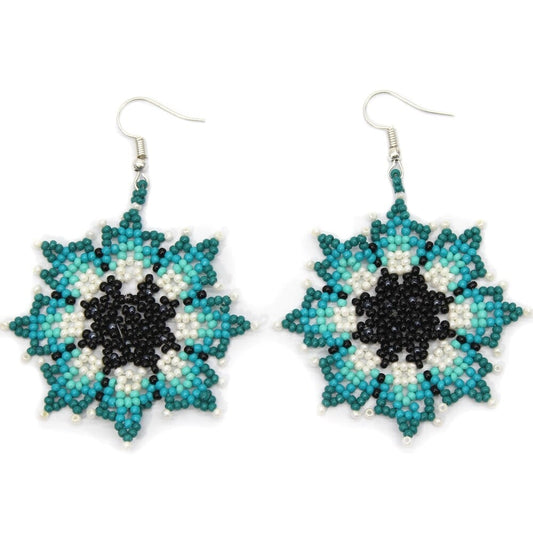 Handmade Beaded Native Style Blue Pink Bohemian Flower Hook Earrings